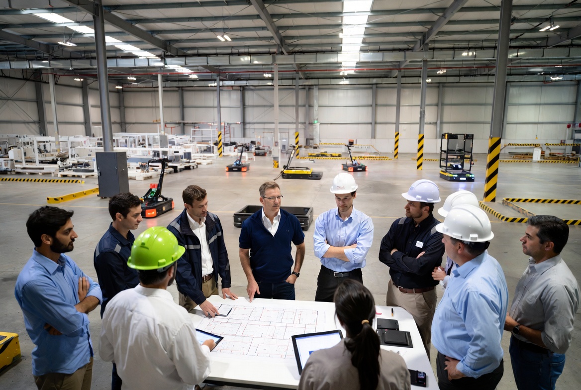 Warehouse leadership team discussing AGV implementation and change management strategy