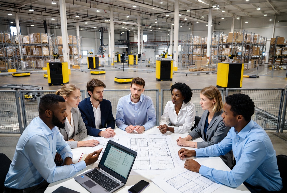 AGV project risk management discussion in a warehouse