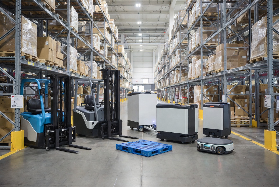 Wide variety of different AGV models in a modern warehouse