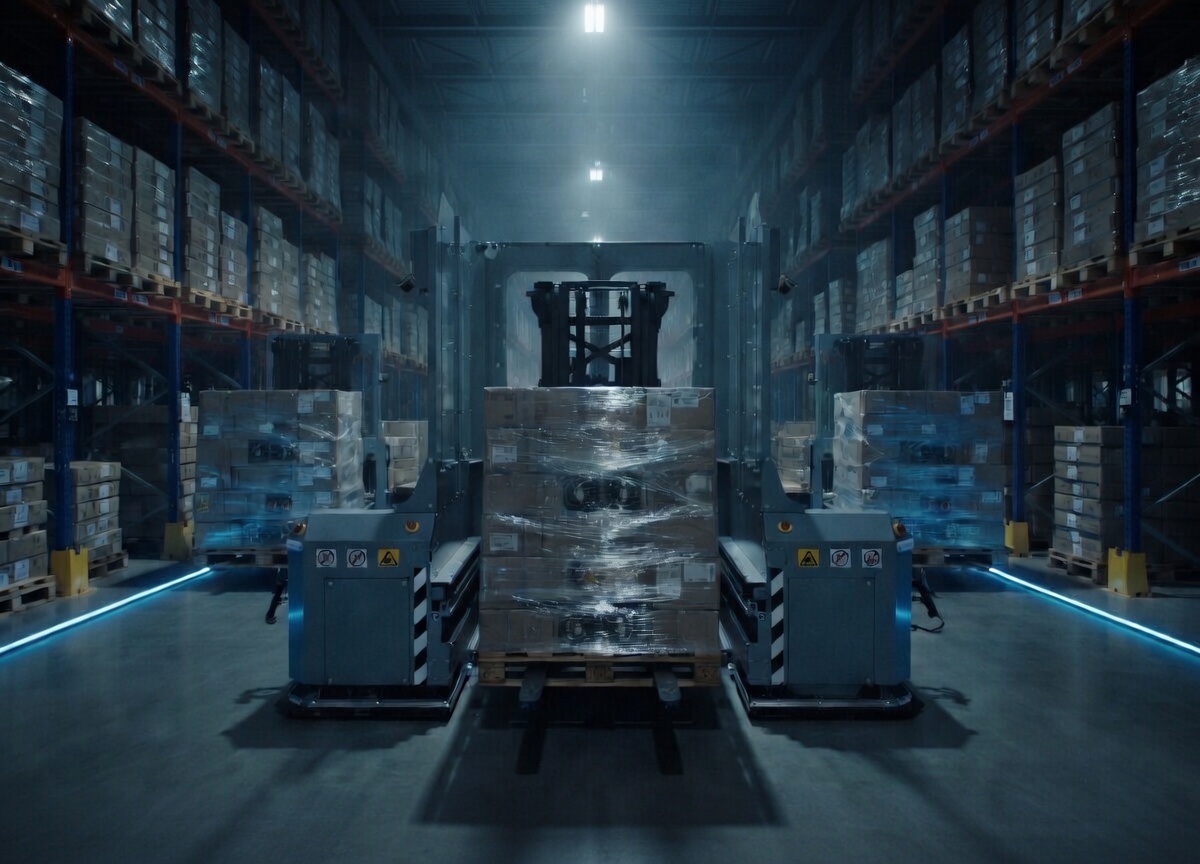 Narrow-aisle AGV navigating tight warehouse racks