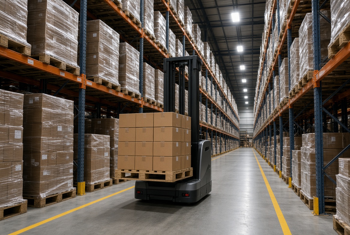 Narrow-aisle AGVs operating in high-density warehouse racking