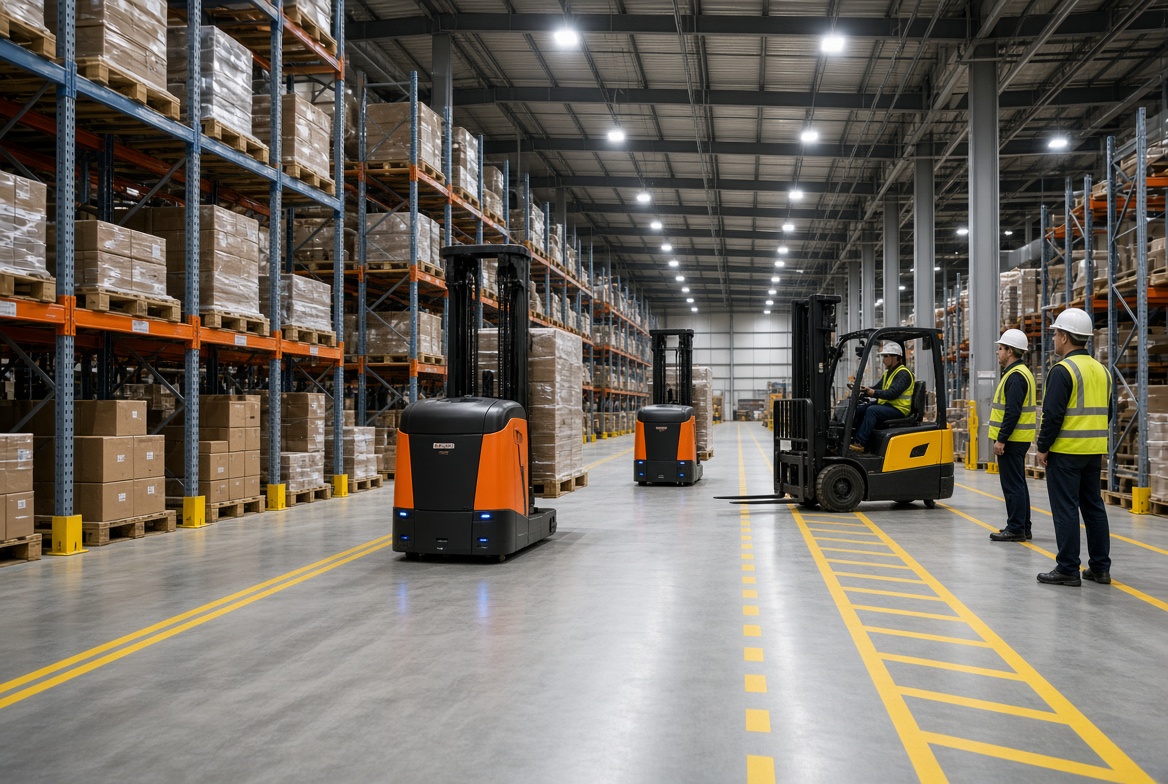 AGVs and manual forklifts operating together in a mixed traffic warehouse environment