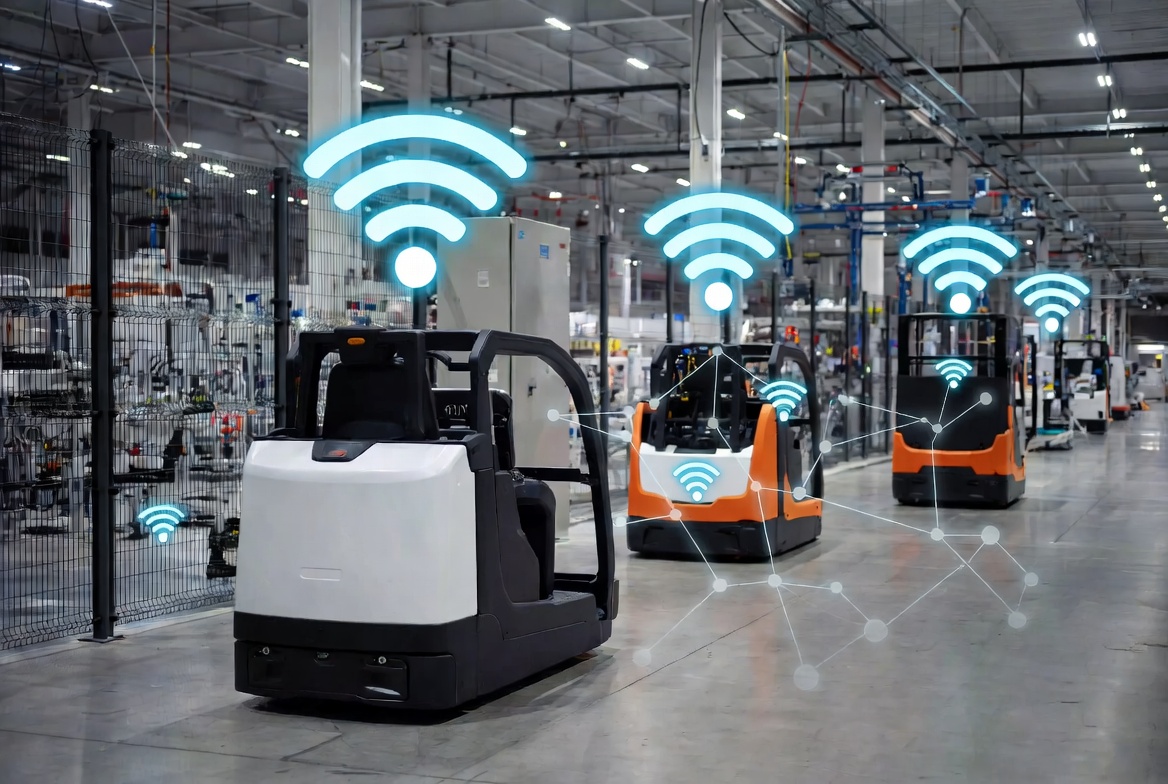 AGVs operating in a modern warehouse with strong WiFi coverage